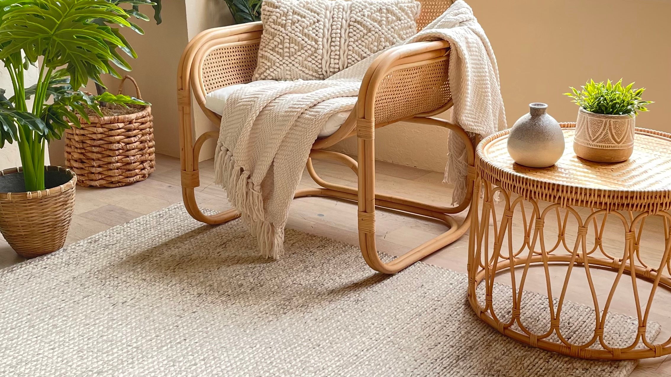 Modern, serene interior with white, wool rug. Rug by Studio 321B, Toronto.