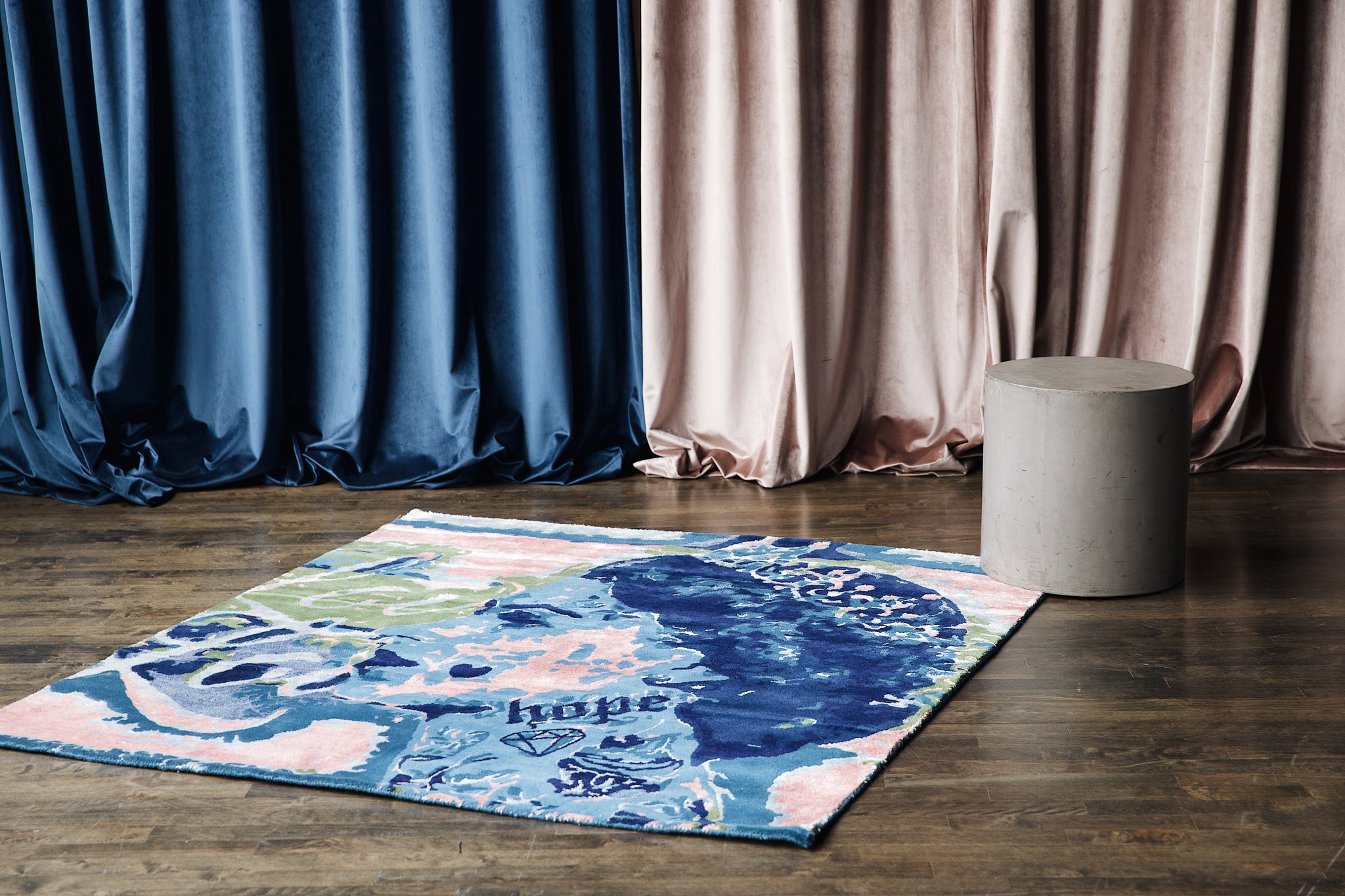 Studio321B ART rug with a blue and pink portrait. Designed and created by Studio321B, Toronto carpet store.